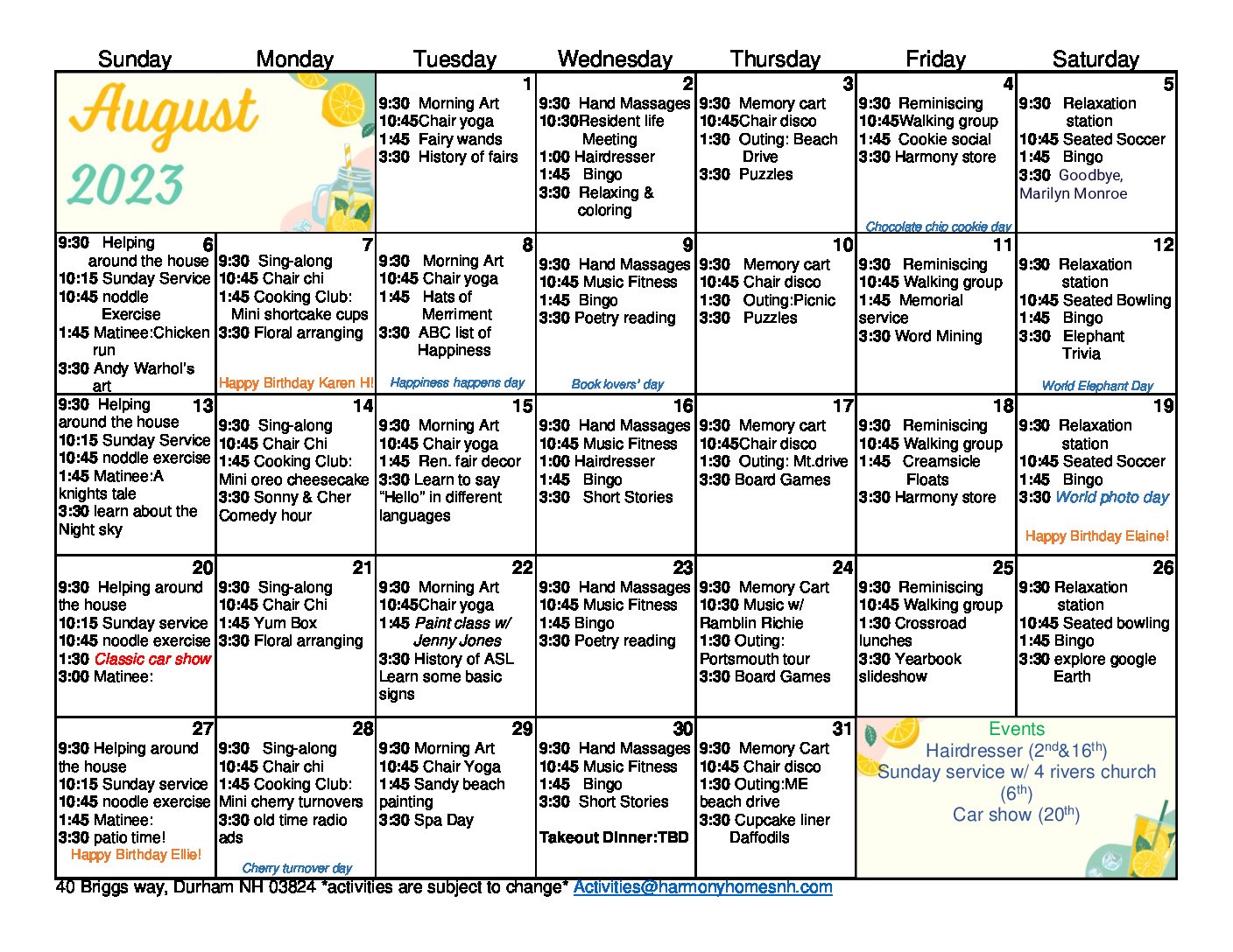 August 2023 calendar - harmony homes